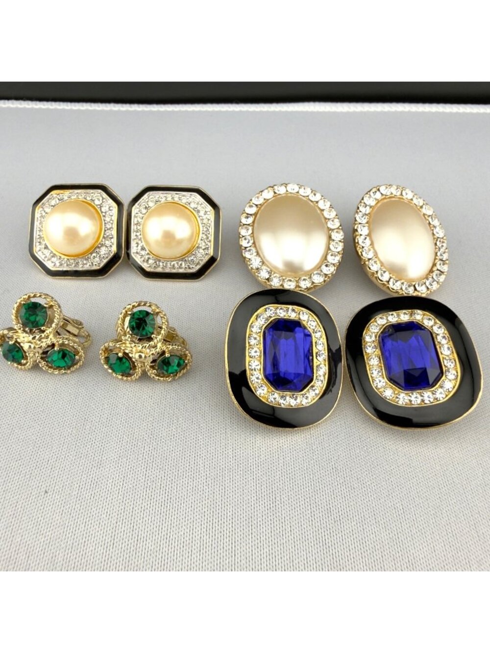 Vintage Lot of 4 Clip On Earrings Gold Tone Faux Pearl Enamel Rhinestone Huggie